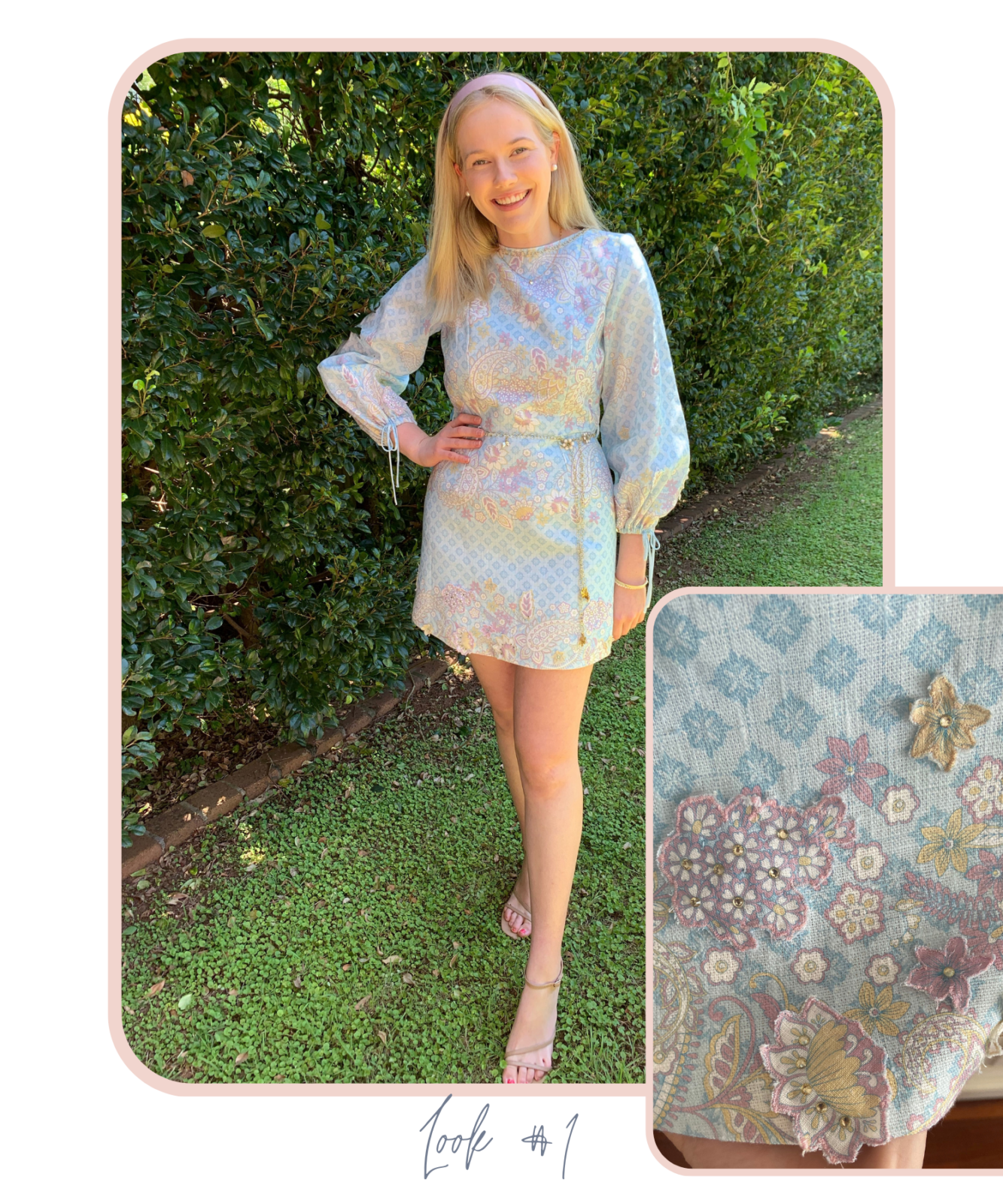 Model poses in leafy green garden wearing a blue coloured mini, paisley printed dress. The dress is enhanced with 3D embroidered appliqué featuring Swarovski crystal details.
A gold chain with pearl and crystal charm belt completes the look. 