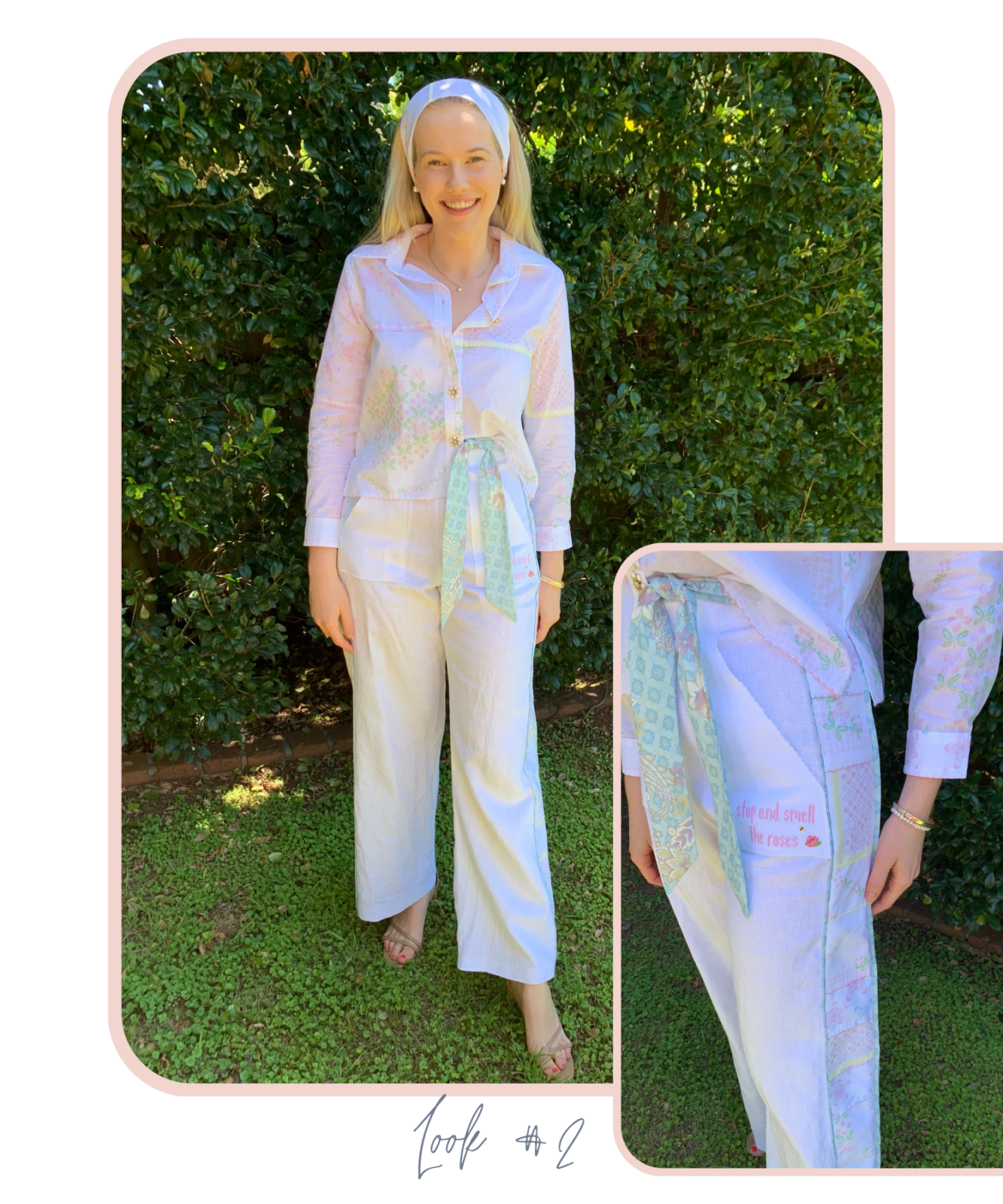 Model poses in leafy green garden wearing a handkerchief patchwork shirt and wide leg linen pants (with patchwork detailing down the side). 
The shirt is enhanced with gold floral crystal buttons. 
Cross stitching on the left pant pocket reads, "stop and smell the roses," complete with bee and rose cross-stitching. 
Matching head-scarf is featured as an accessory. 
