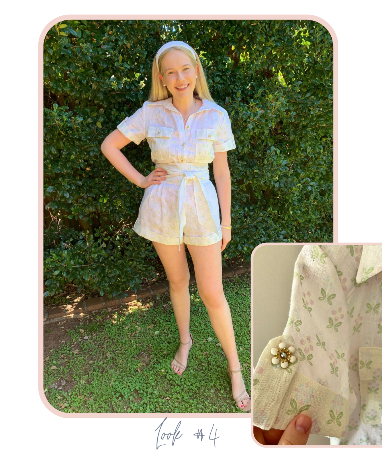 Model poses in leafy green garden wearing a pastel pink and yellow playsuit (floral in print). The playsuit is enhanced with gold floral crystal buttons. 
Matching headband is featured as an accessory. 