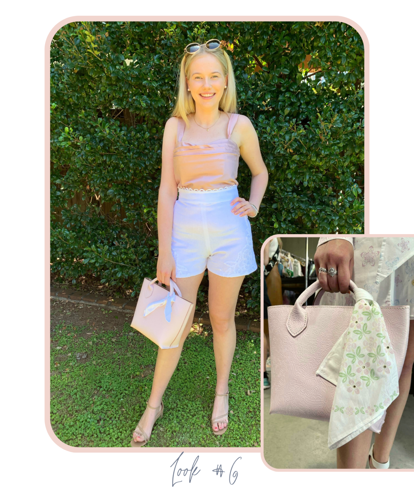 Model poses in leafy green garden wearing a shantung silk fitted pastel pink bodice with high-waisted white a-line lace shorts. The appliquéd lace is from off cuts of the heirloom tablecloth featured in look 3. 
Model holds hand-made Italian pastel pink embossed leather handbag.  